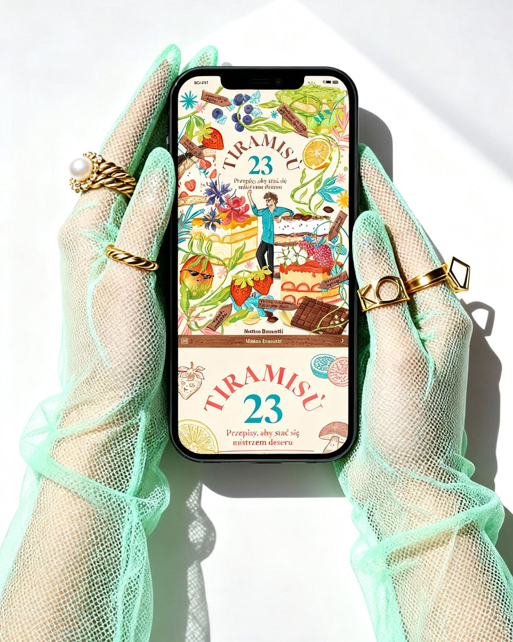 Okładka e-booka TIRAMISU — 23 przepisy, na telefonie trzymanym w dłoniach