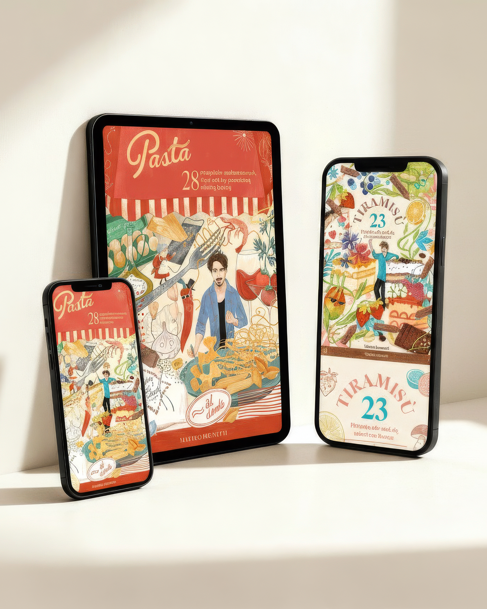 Zestaw e-booków PASTA i TIRAMISU na tablecie i telefonach