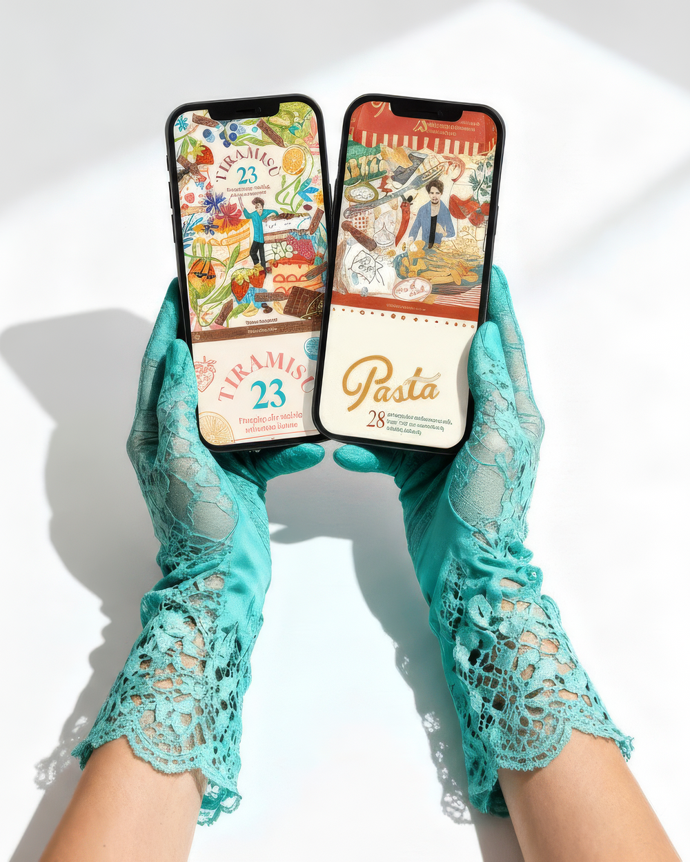 Dwa telefony z okładkami e-booków TIRAMISU i PASTA trzymane w dłoniach