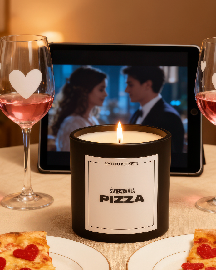 Świeca A La Pizza na stole z pizzą i ekranem w tle